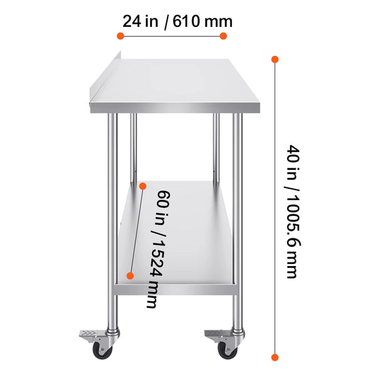 Stainless Steel Work Table Commercial Food Prep Worktable with Casters Heavy Duty Prep Worktable for Restaurant Home Hotel