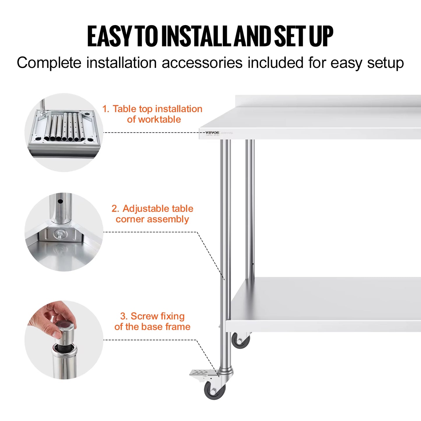 Stainless Steel Work Table Commercial Food Prep Worktable with Casters Heavy Duty Prep Worktable for Restaurant Home Hotel