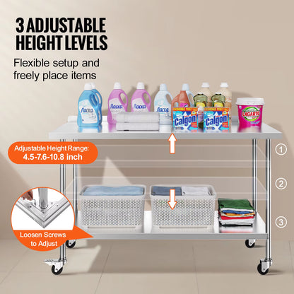 Stainless Steel Work Table Commercial Food Prep Worktable with Casters Heavy Duty Prep Worktable for Restaurant Home Hotel