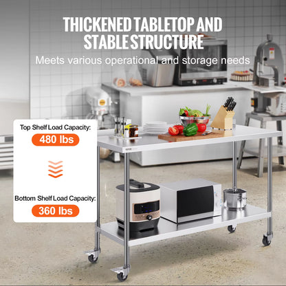 Stainless Steel Work Table Commercial Food Prep Worktable with Casters Heavy Duty Prep Worktable for Restaurant Home Hotel
